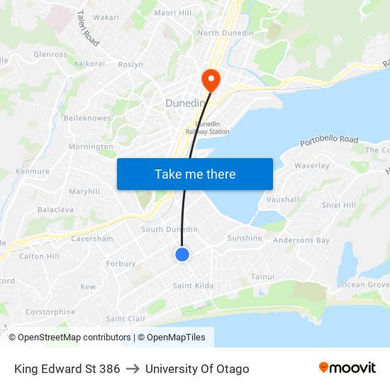 King Edward St 386 to University Of Otago map