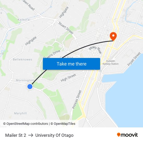 Mailer St 2 to University Of Otago map