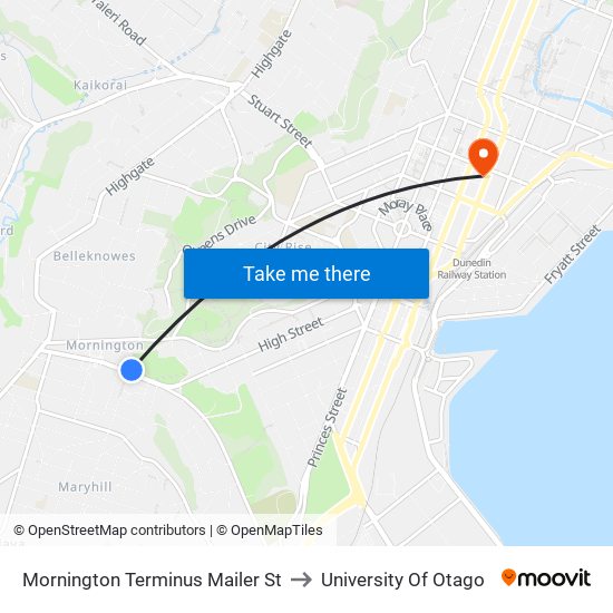 Mornington Terminus Mailer St to University Of Otago map
