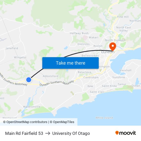Main Rd Fairfield 53 to University Of Otago map