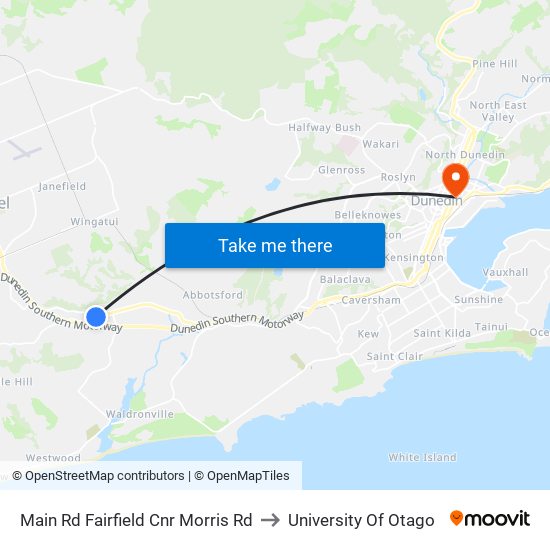 Main Rd Fairfield Cnr Morris Rd to University Of Otago map