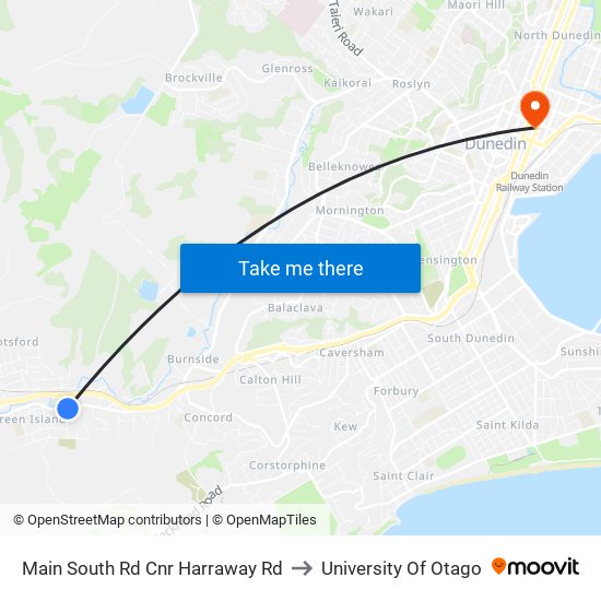 Main South Rd Cnr Harraway Rd to University Of Otago map