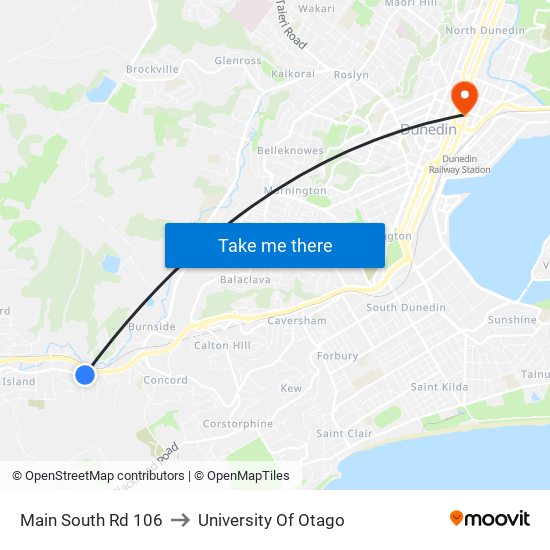 Main South Rd 106 to University Of Otago map
