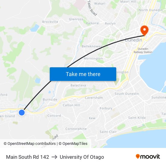 Main South Rd 142 to University Of Otago map