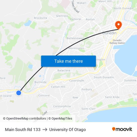 Main South Rd 133 to University Of Otago map