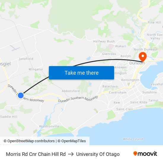 Morris Rd Cnr Chain Hill Rd to University Of Otago map