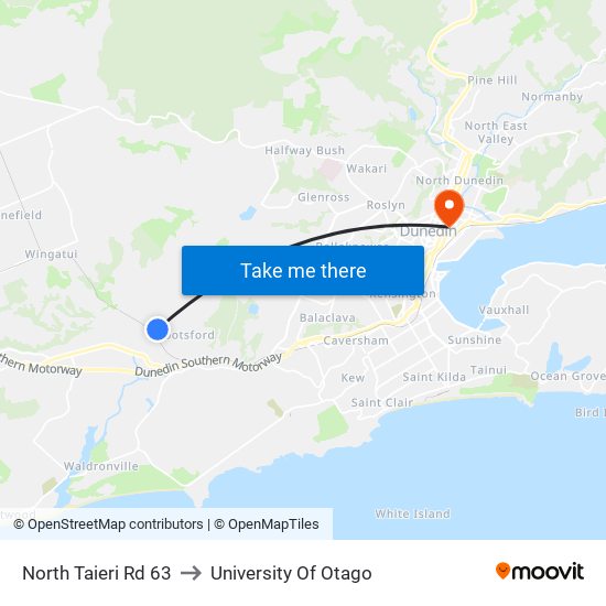 North Taieri Rd 63 to University Of Otago map