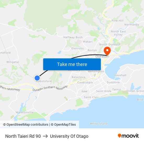 North Taieri Rd 90 to University Of Otago map