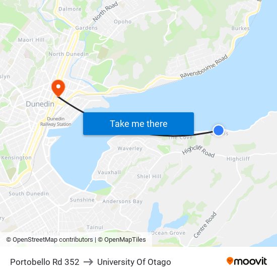 Portobello Rd 352 to University Of Otago map