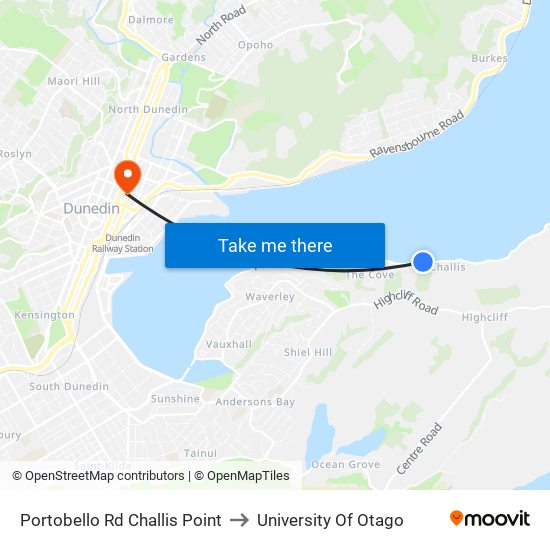 Portobello Rd Challis Point to University Of Otago map