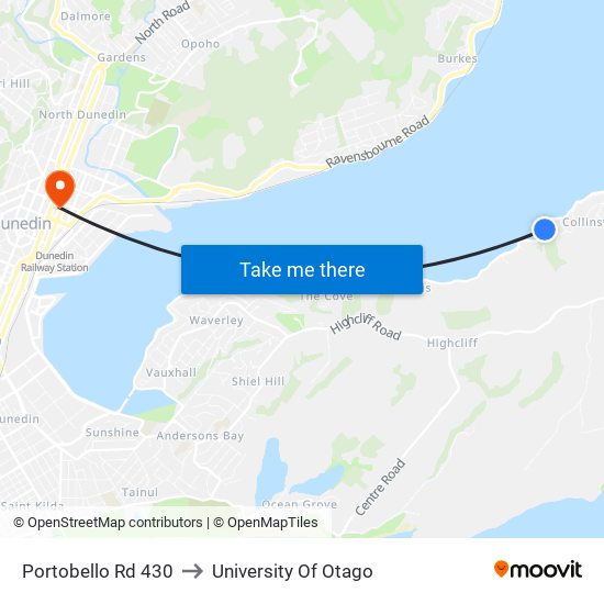 Portobello Rd 430 to University Of Otago map