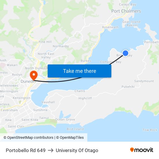 Portobello Rd 649 to University Of Otago map