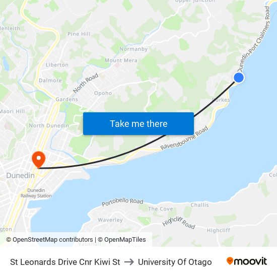 St Leonards Drive Cnr Kiwi St to University Of Otago map