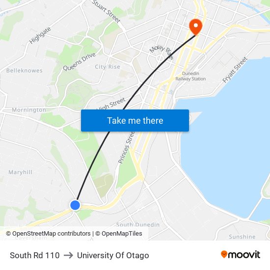 South Rd 110 to University Of Otago map