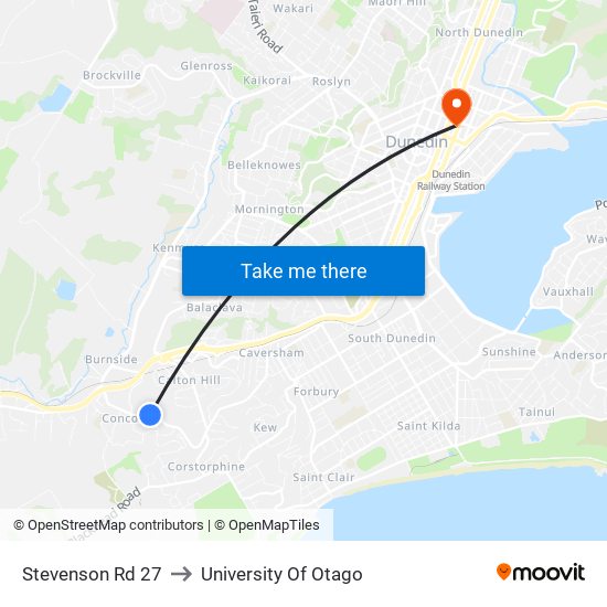 Stevenson Rd 27 to University Of Otago map