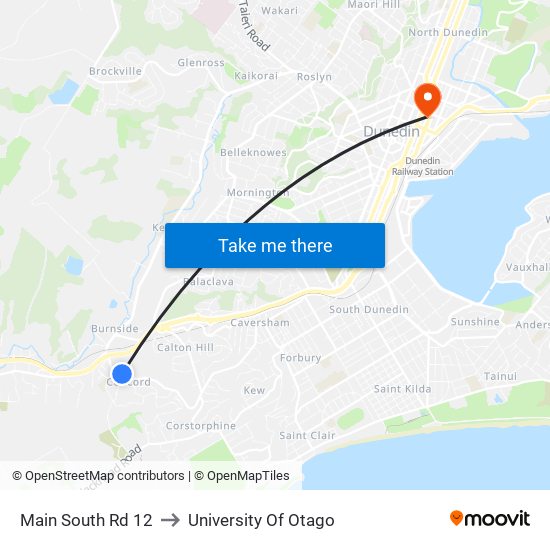 Main South Rd 12 to University Of Otago map