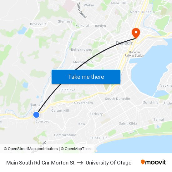 Main South Rd Cnr Morton St to University Of Otago map