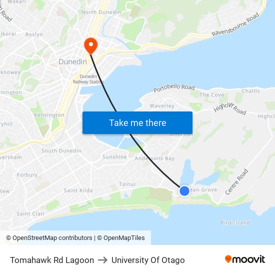 Tomahawk Rd Lagoon to University Of Otago map