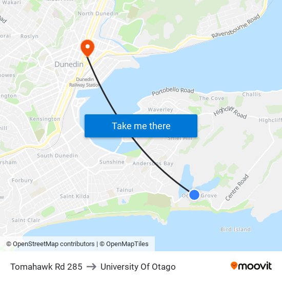 Tomahawk Rd 285 to University Of Otago map