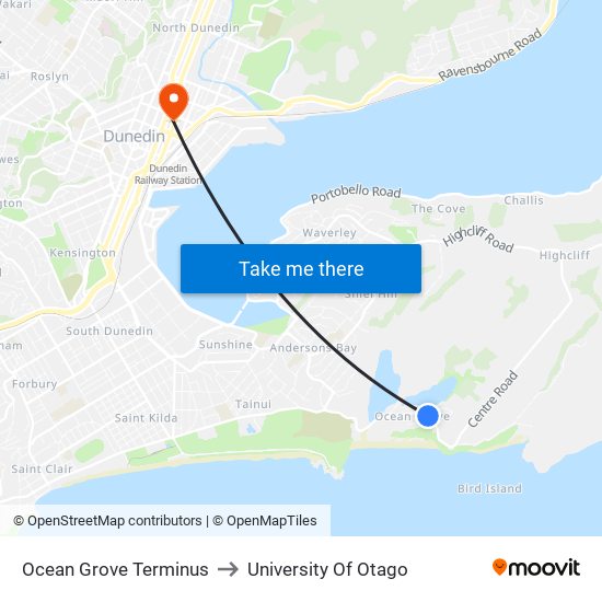 Ocean Grove Terminus to University Of Otago map