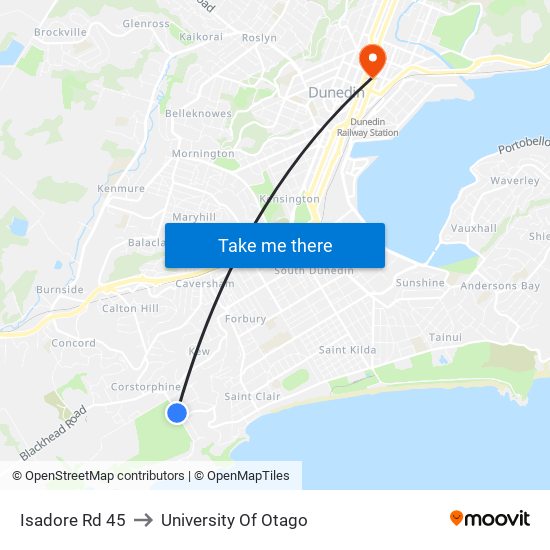 Isadore Rd 45 to University Of Otago map