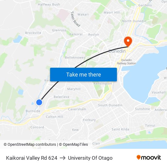 Kaikorai Valley Rd 624 to University Of Otago map
