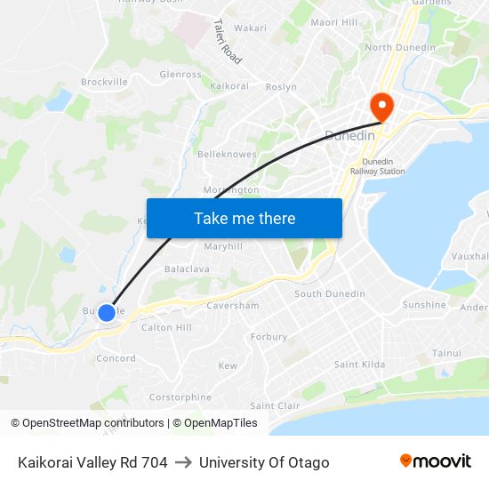 Kaikorai Valley Rd 704 to University Of Otago map