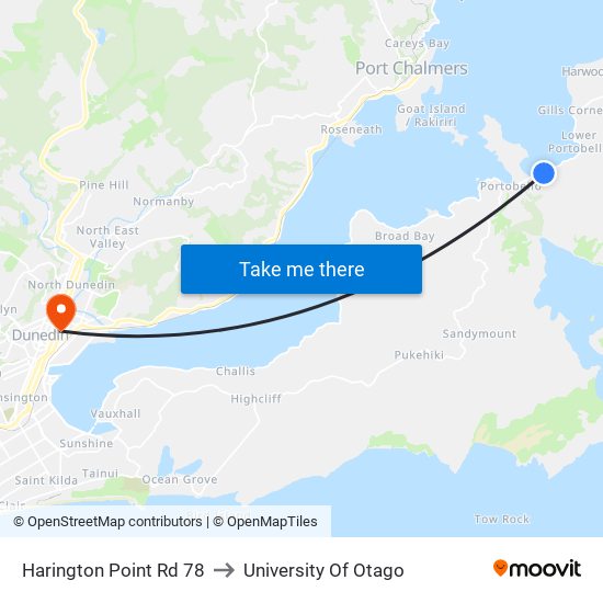 Harington Point Rd 78 to University Of Otago map