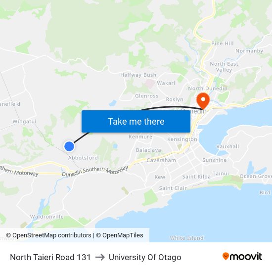 North Taieri Road 131 to University Of Otago map
