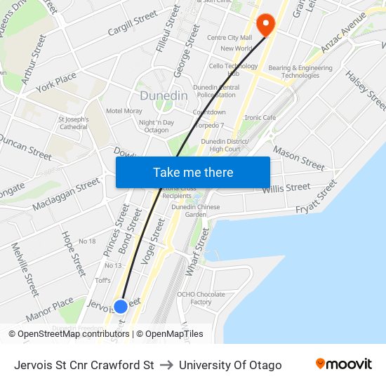 Jervois St Cnr Crawford St to University Of Otago map