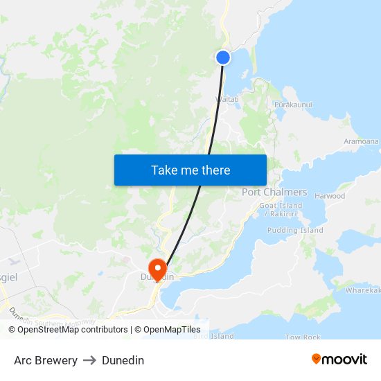 Arc Brewery to Dunedin map