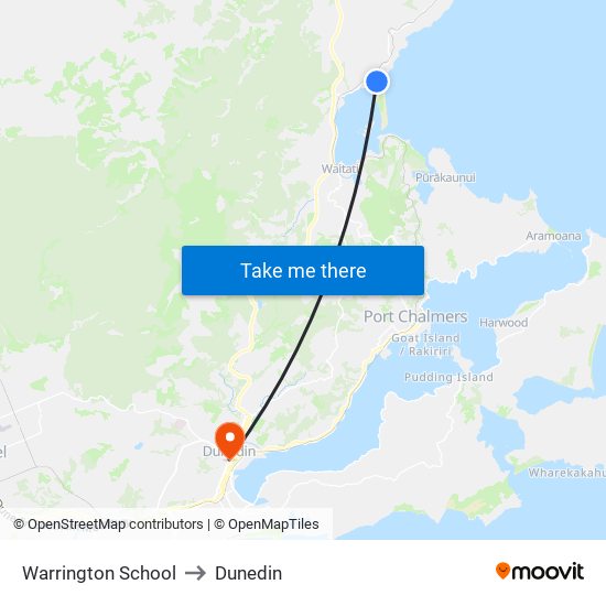 Warrington School to Dunedin map