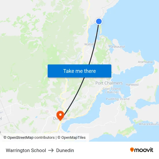 Warrington School to Dunedin map