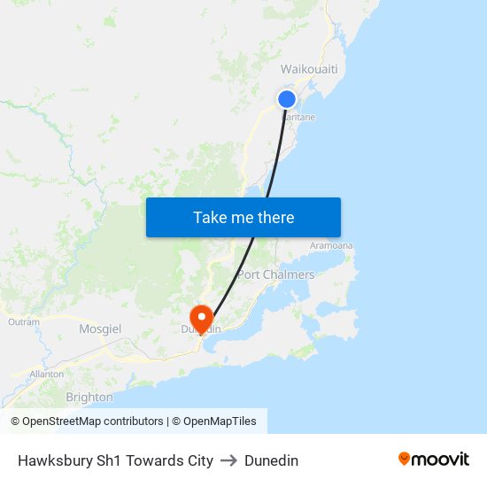 Hawksbury Sh1 Towards City to Dunedin map