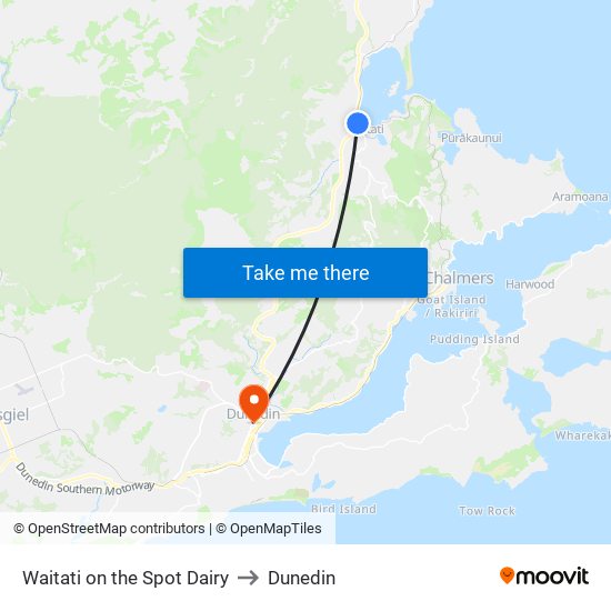Waitati on the Spot Dairy to Dunedin map