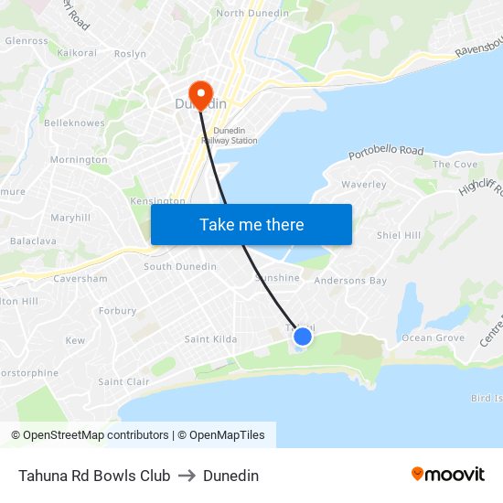 Tahuna Rd Bowls Club to Dunedin map