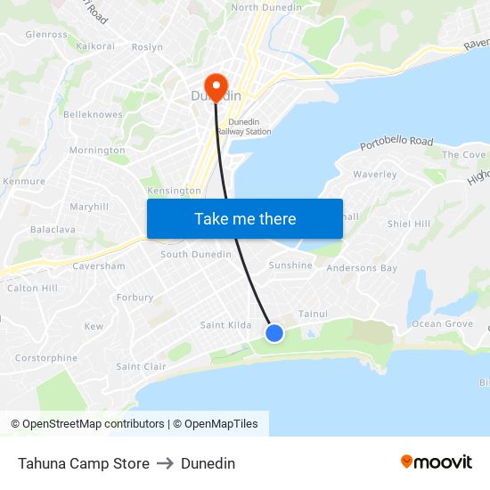 Tahuna Camp Store to Dunedin map