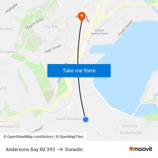 Andersons Bay Rd 393 to Dunedin map