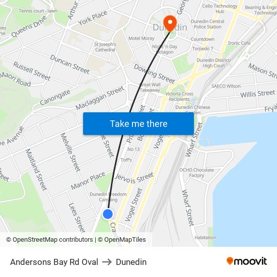 Andersons Bay Rd Oval to Dunedin map