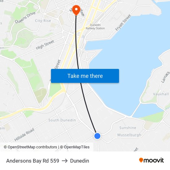 Andersons Bay Rd 559 to Dunedin map