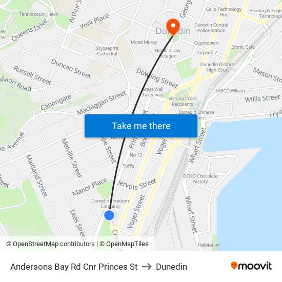 Andersons Bay Rd Cnr Princes St to Dunedin map
