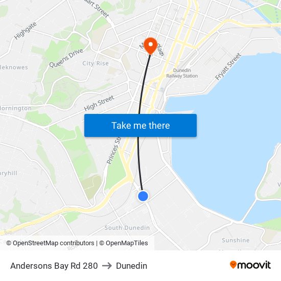 Andersons Bay Rd 280 to Dunedin map