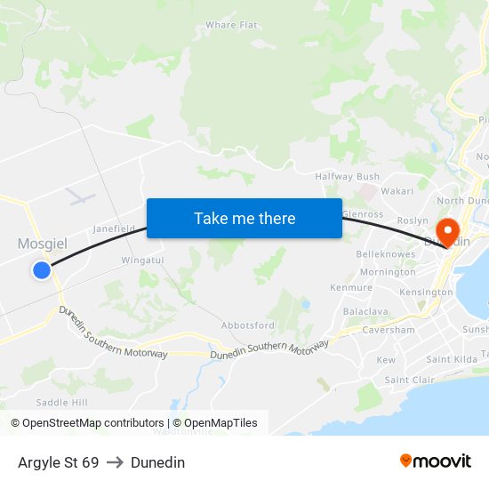 Argyle St 69 to Dunedin map