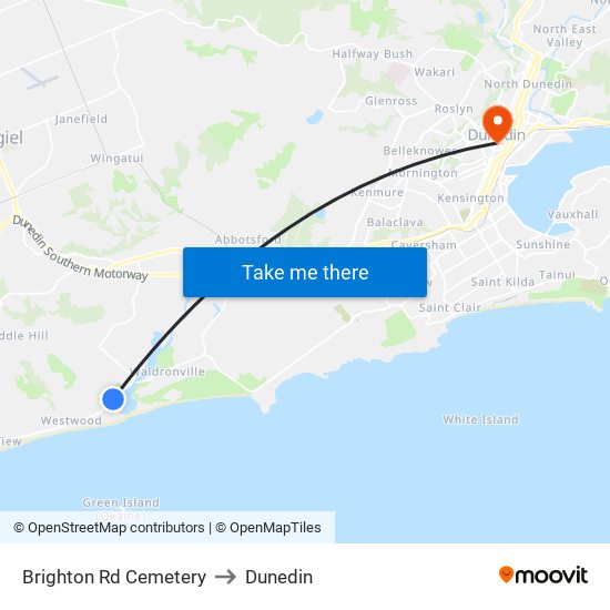 Brighton Rd Cemetery to Dunedin map