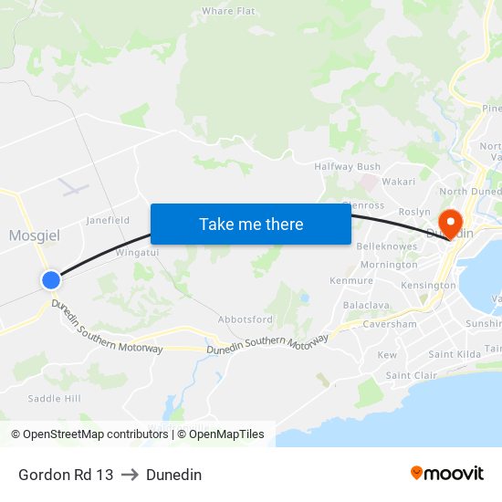 Gordon Rd 13 to Dunedin map