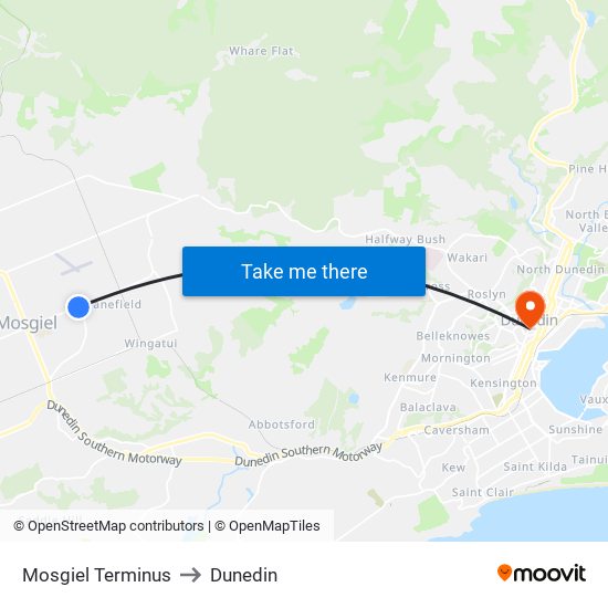 Mosgiel Terminus to Dunedin map