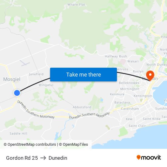 Gordon Rd 25 to Dunedin map