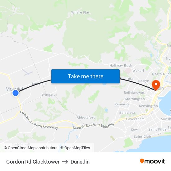 Gordon Rd Clocktower to Dunedin map