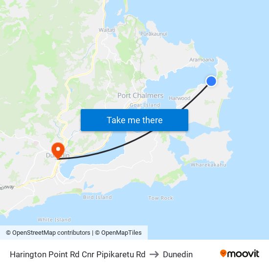 Harington Point Rd Cnr Pipikaretu Rd to Dunedin map