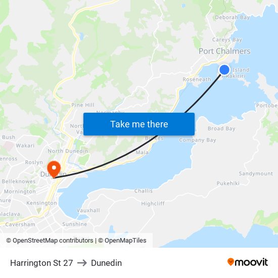 Harrington St 27 to Dunedin map